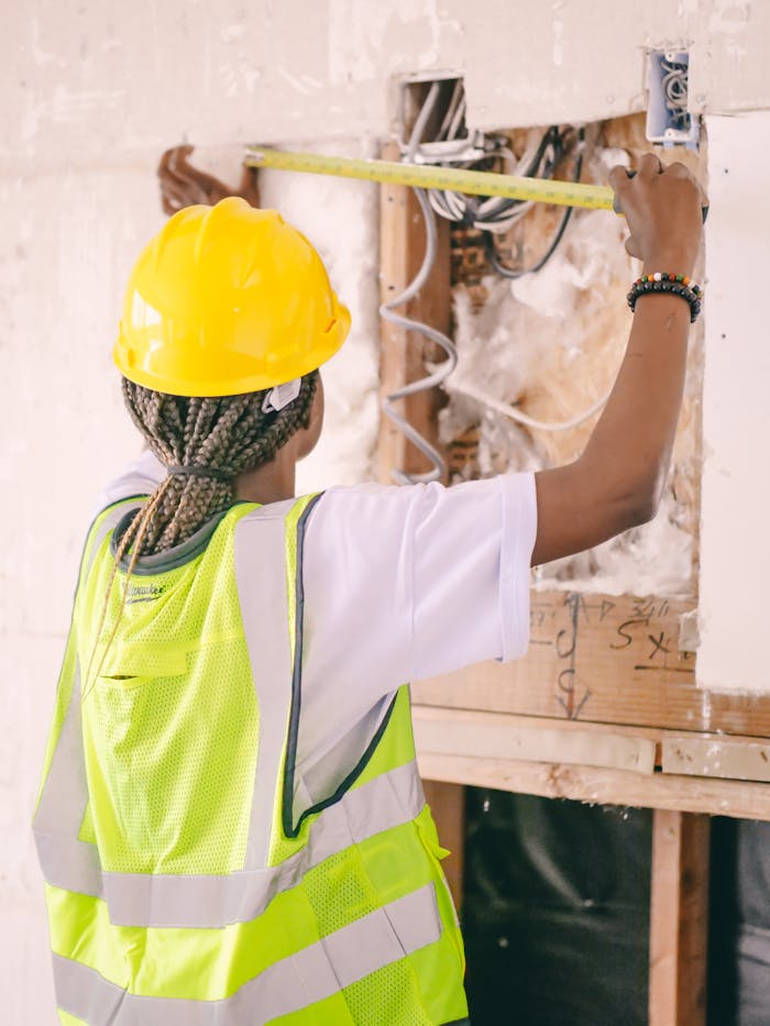 Back view of a construction worker measuring wall space wearing safety gear.